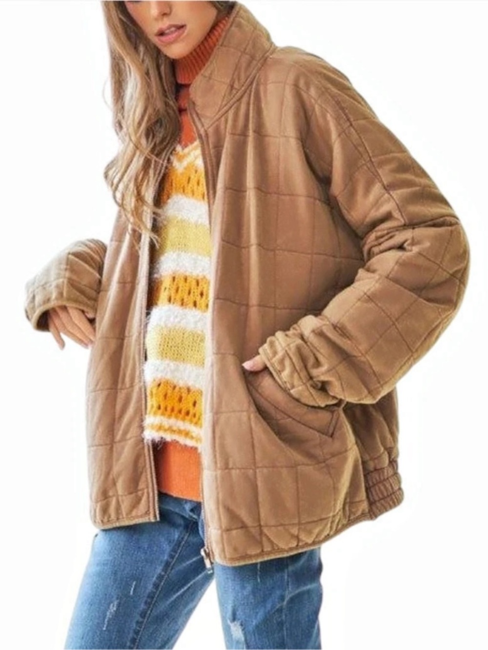 Davi & Dani Quilted Zip Up Jacket Womens Large Tan Oversized Drop Shoulder